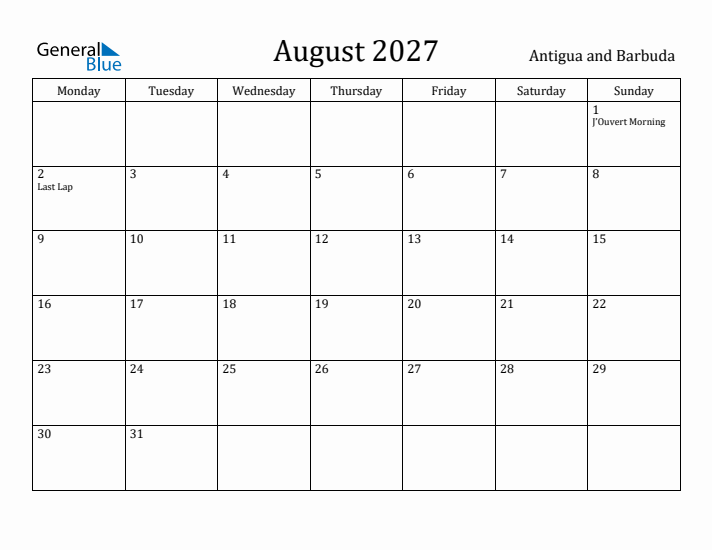 August 2027 Calendar Antigua and Barbuda