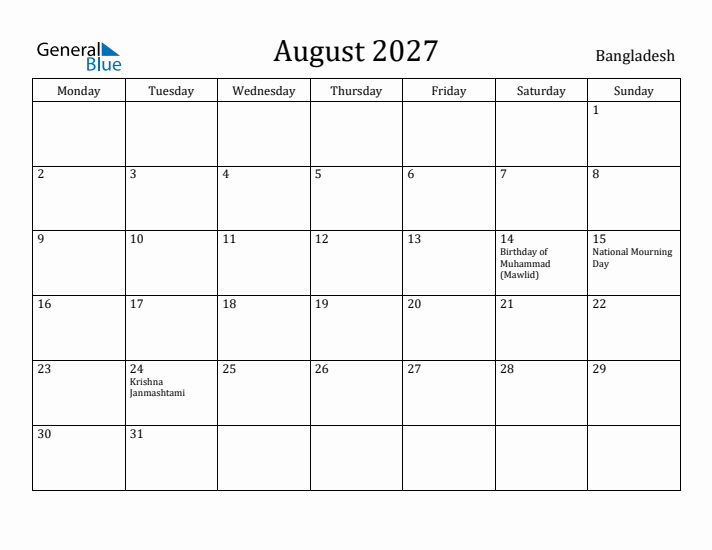 August 2027 Calendar Bangladesh