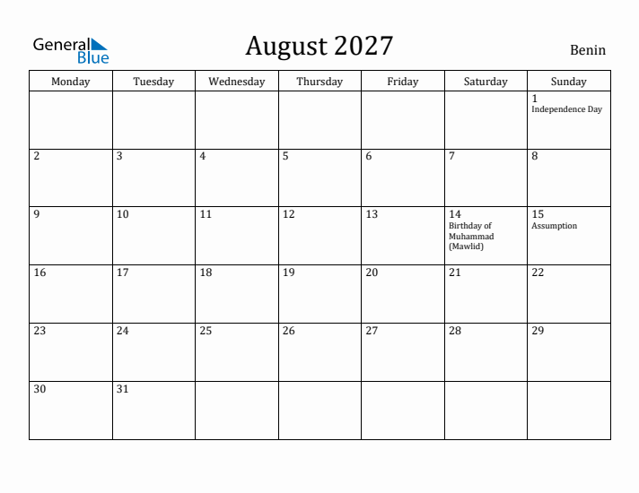 August 2027 Calendar Benin