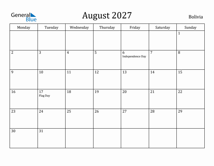 August 2027 Calendar Bolivia