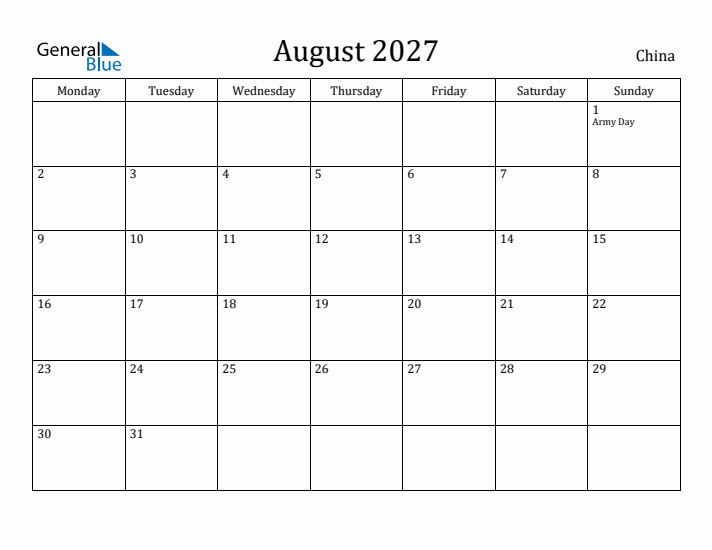 August 2027 Calendar China