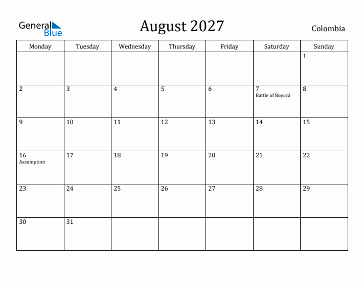 August 2027 Calendar Colombia