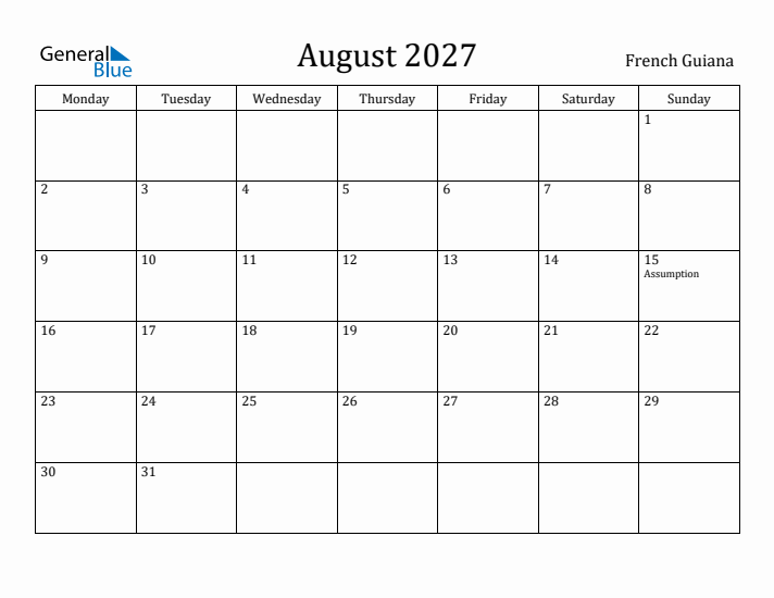 August 2027 Calendar French Guiana