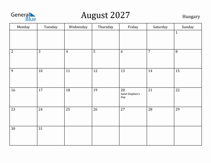 August 2027 Calendar Hungary