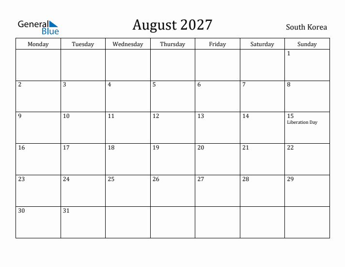 August 2027 Calendar South Korea