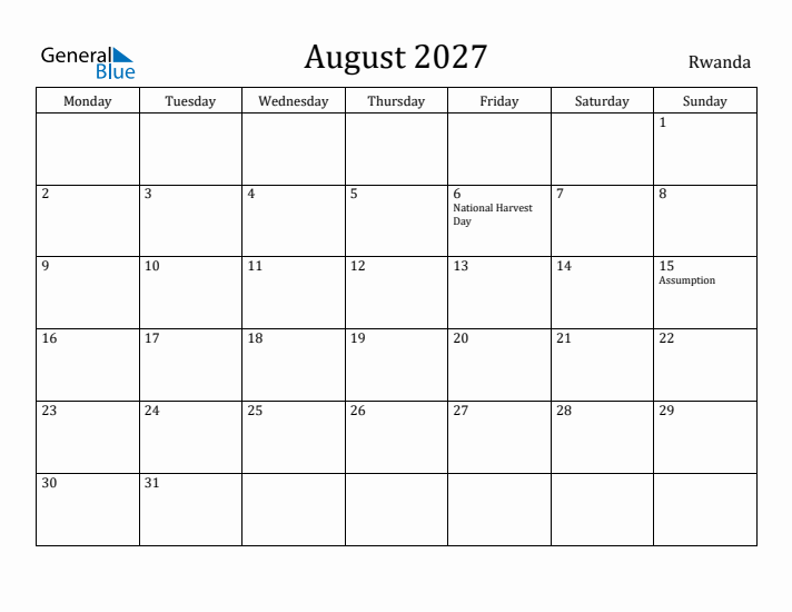 August 2027 Calendar Rwanda