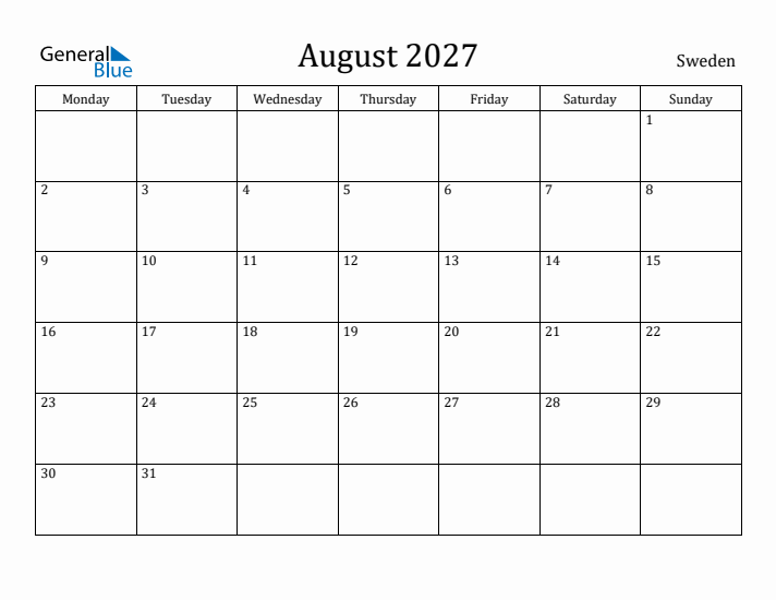 August 2027 Calendar Sweden