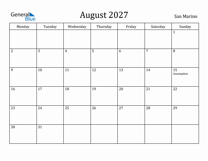 August 2027 Calendar San Marino