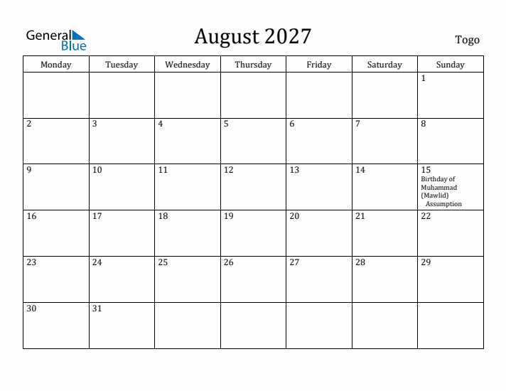 August 2027 Calendar Togo