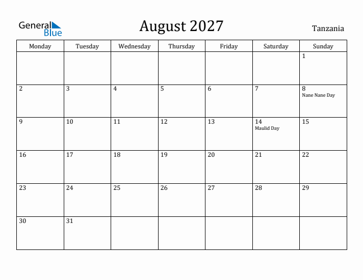 August 2027 Calendar Tanzania