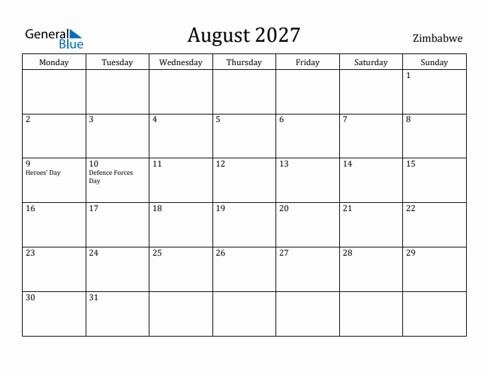 August 2027 Calendar Zimbabwe