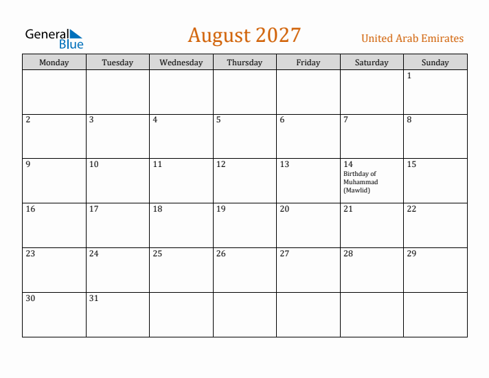 August 2027 Holiday Calendar with Monday Start