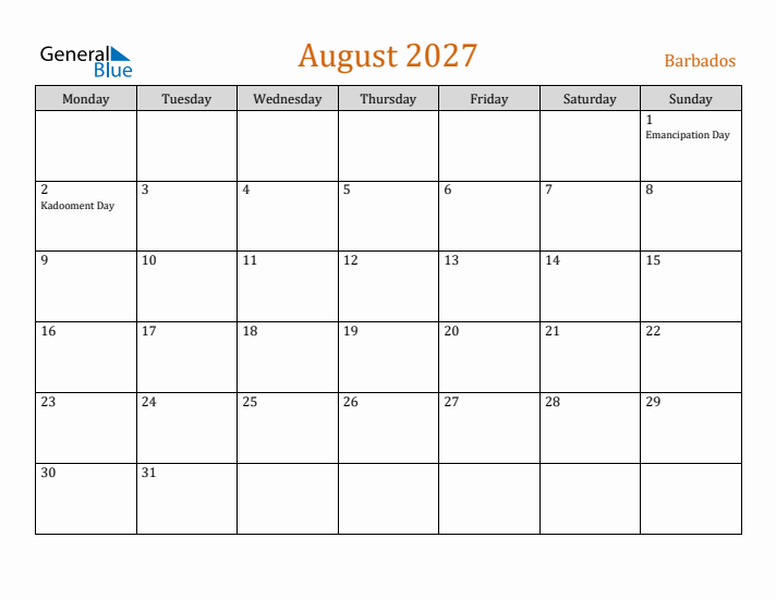 August 2027 Holiday Calendar with Monday Start