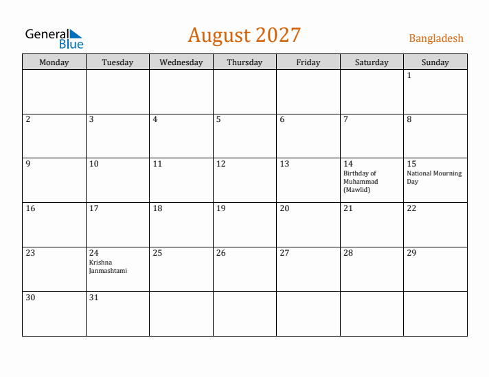 August 2027 Holiday Calendar with Monday Start