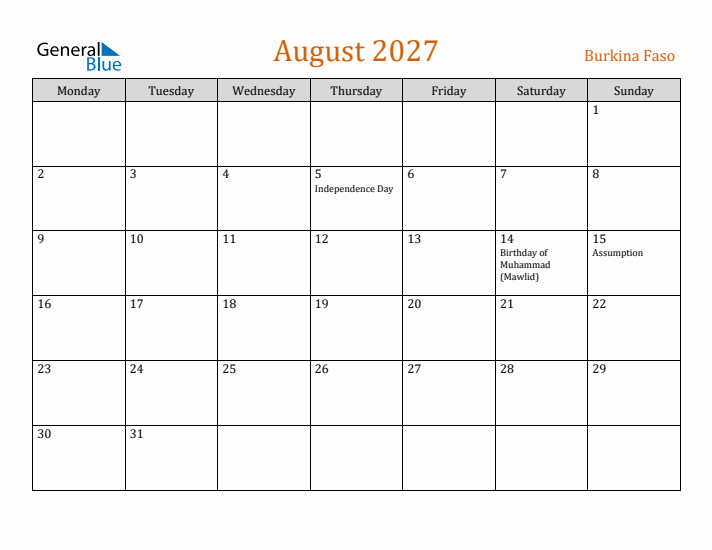 August 2027 Holiday Calendar with Monday Start