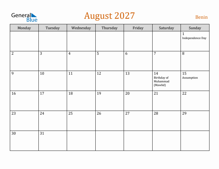 August 2027 Holiday Calendar with Monday Start