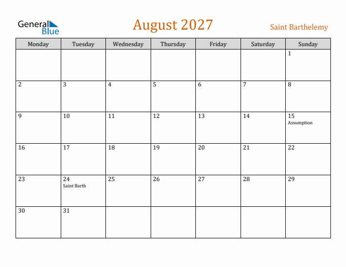 August 2027 Holiday Calendar with Monday Start