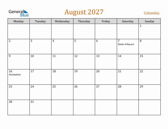 August 2027 Holiday Calendar with Monday Start