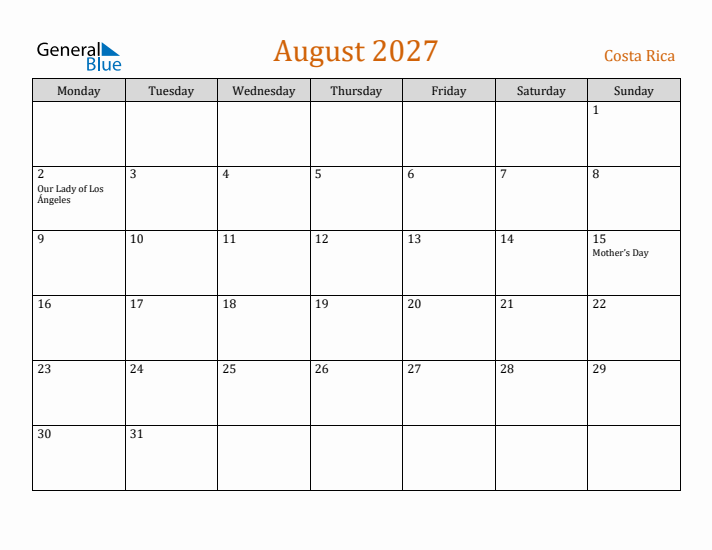 August 2027 Holiday Calendar with Monday Start