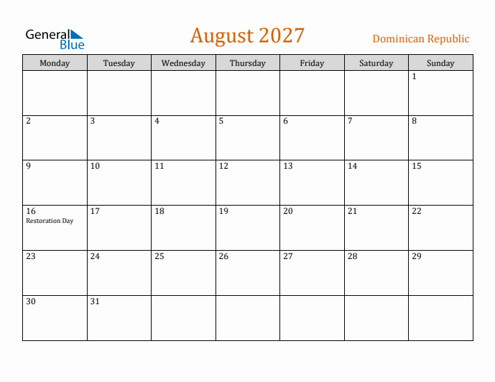 August 2027 Holiday Calendar with Monday Start