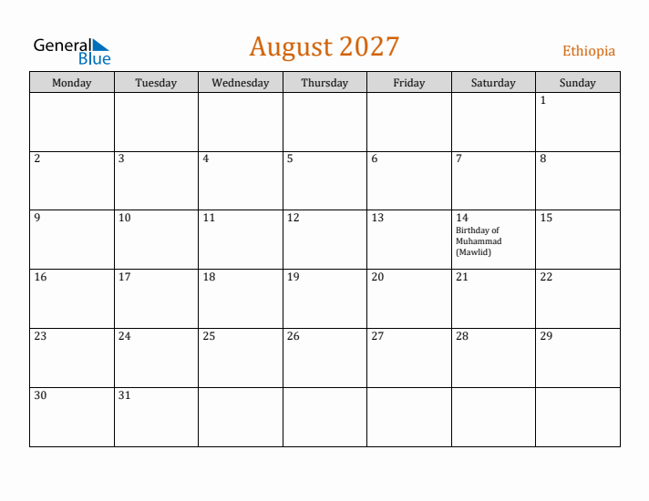 August 2027 Holiday Calendar with Monday Start