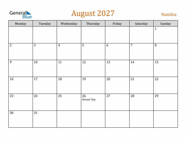 August 2027 Holiday Calendar with Monday Start