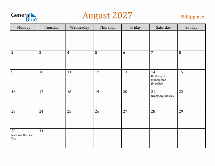 August 2027 Holiday Calendar with Monday Start