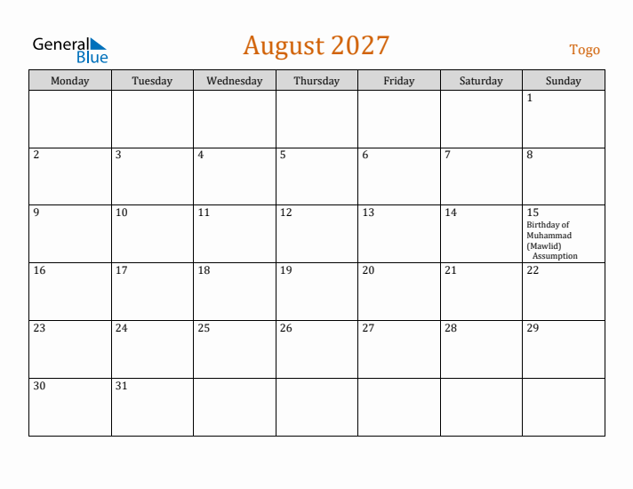 August 2027 Holiday Calendar with Monday Start