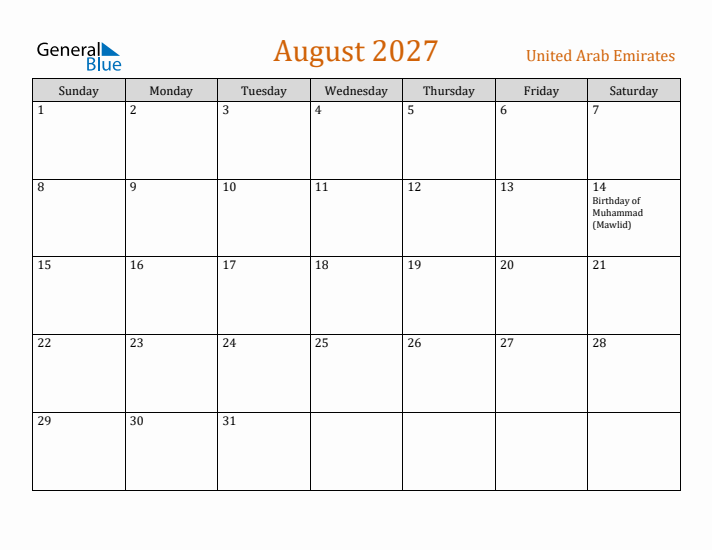 August 2027 Holiday Calendar with Sunday Start