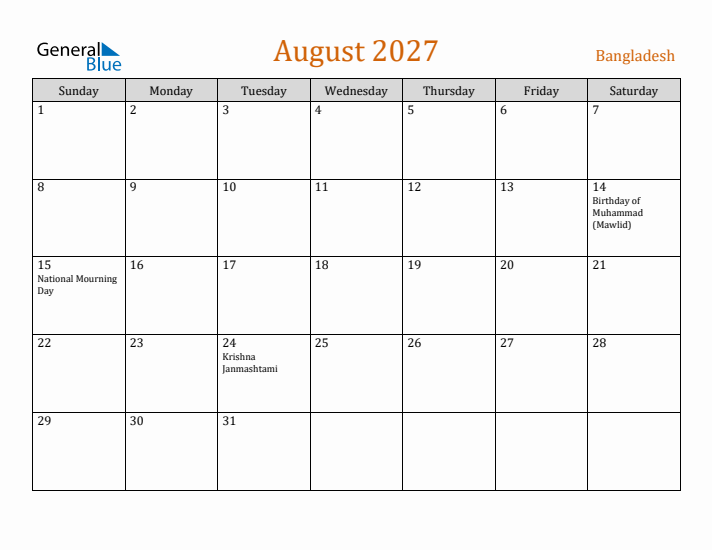 August 2027 Holiday Calendar with Sunday Start