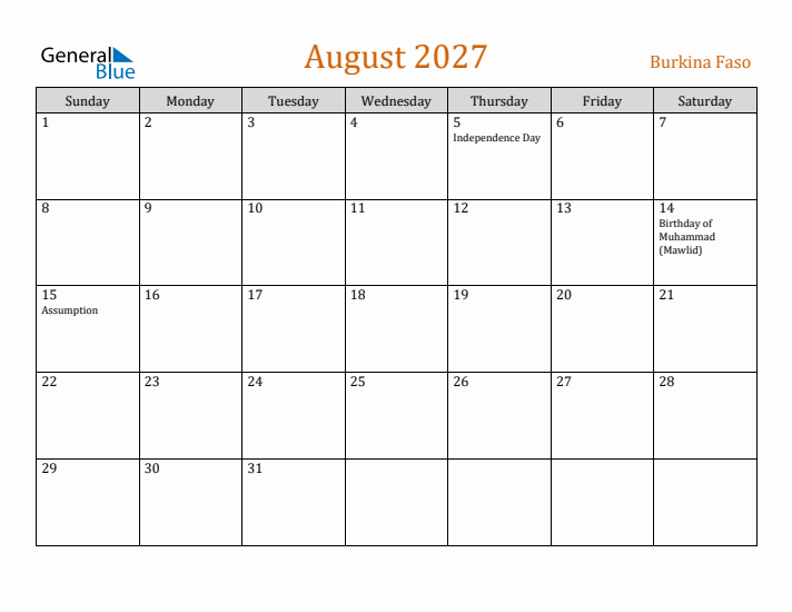 August 2027 Holiday Calendar with Sunday Start