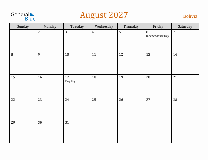 August 2027 Holiday Calendar with Sunday Start