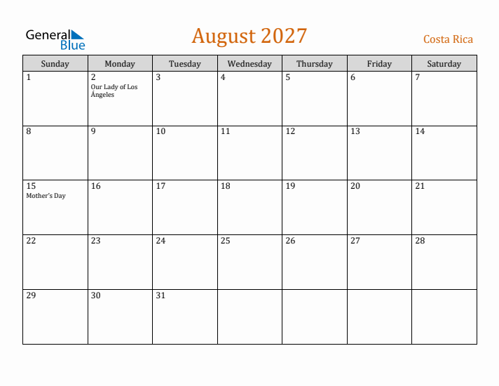 August 2027 Holiday Calendar with Sunday Start