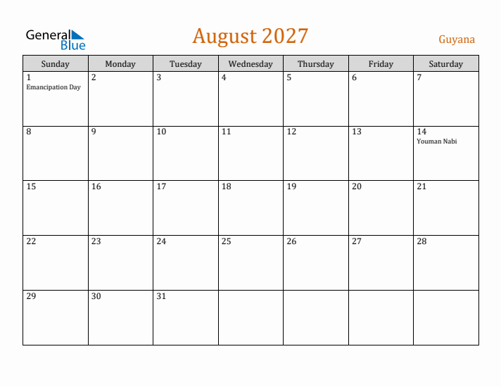 August 2027 Holiday Calendar with Sunday Start