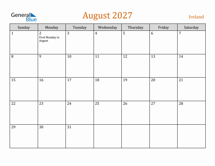 August 2027 Holiday Calendar with Sunday Start