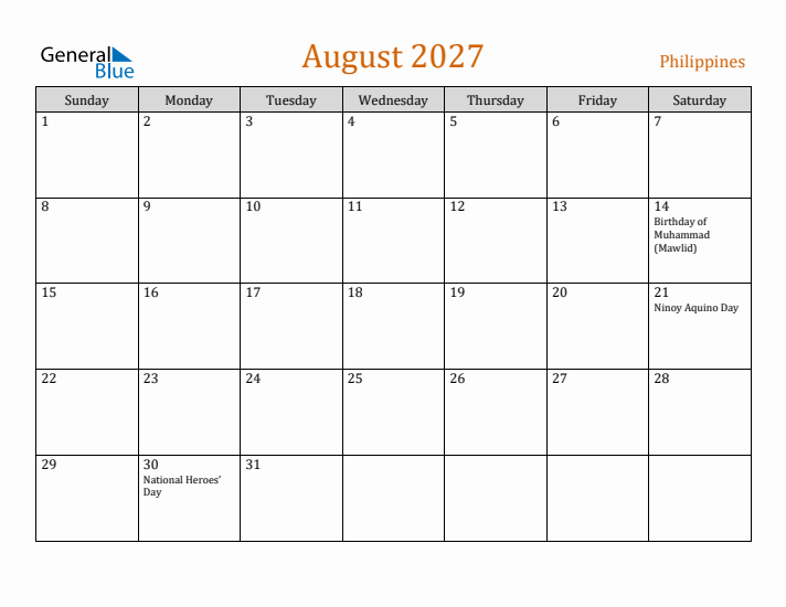 August 2027 Holiday Calendar with Sunday Start