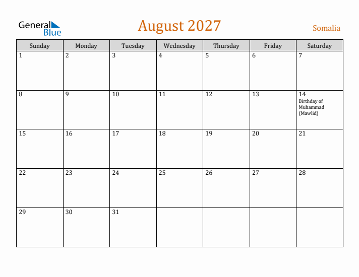 August 2027 Holiday Calendar with Sunday Start