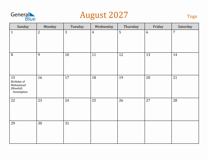 August 2027 Holiday Calendar with Sunday Start