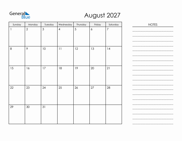 Printable Monthly Calendar with Notes - August 2027