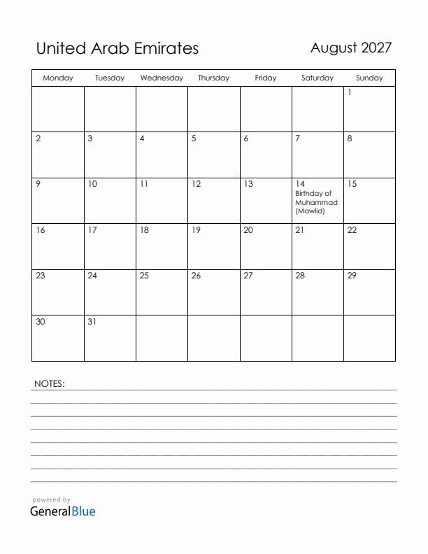 August 2027 United Arab Emirates Calendar with Holidays (Monday Start)