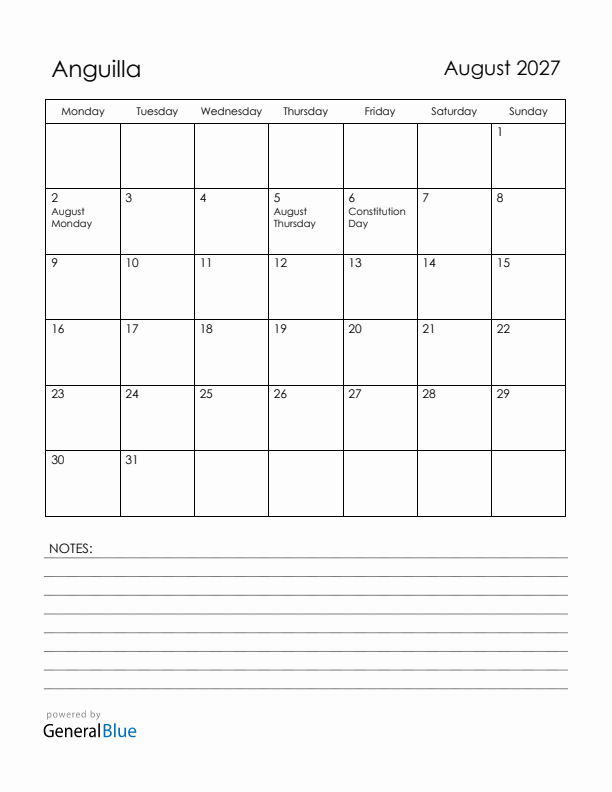 August 2027 Anguilla Calendar with Holidays (Monday Start)