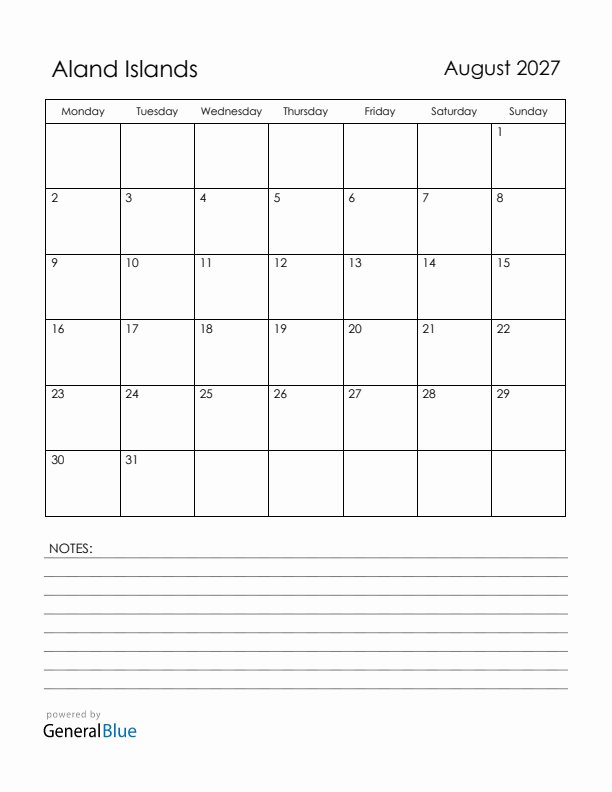 August 2027 Aland Islands Calendar with Holidays (Monday Start)