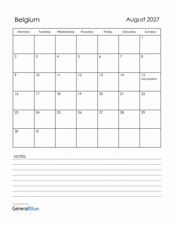August 2027 Belgium Calendar with Holidays (Monday Start)