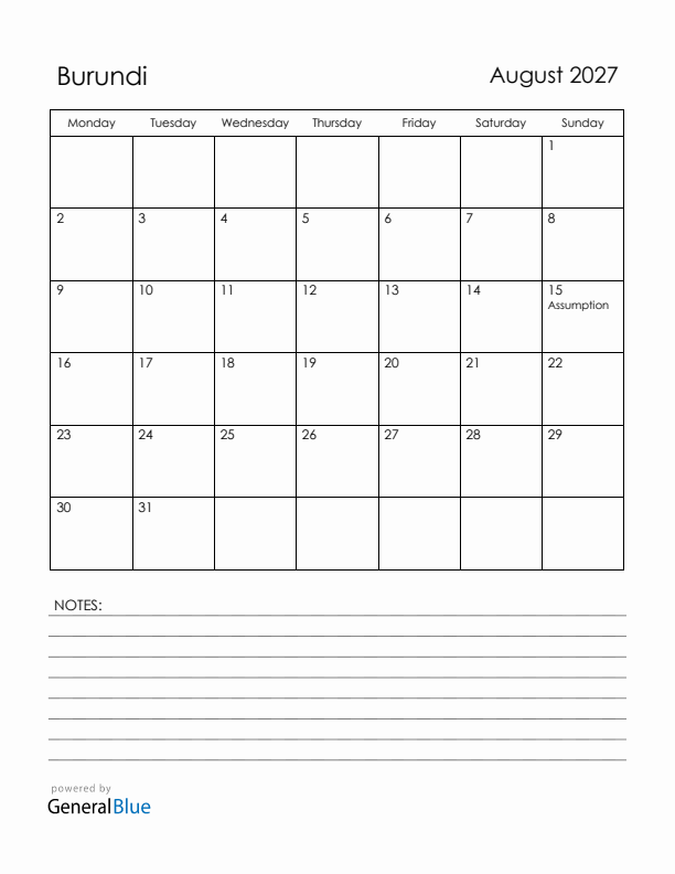August 2027 Burundi Calendar with Holidays (Monday Start)