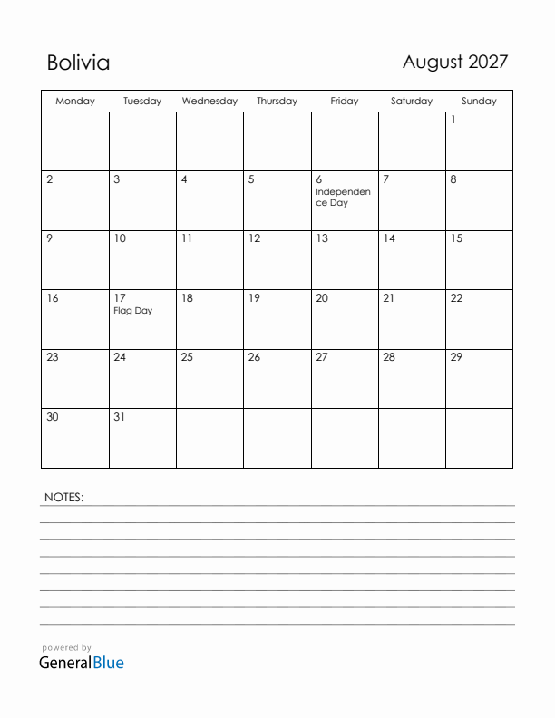 August 2027 Bolivia Calendar with Holidays (Monday Start)