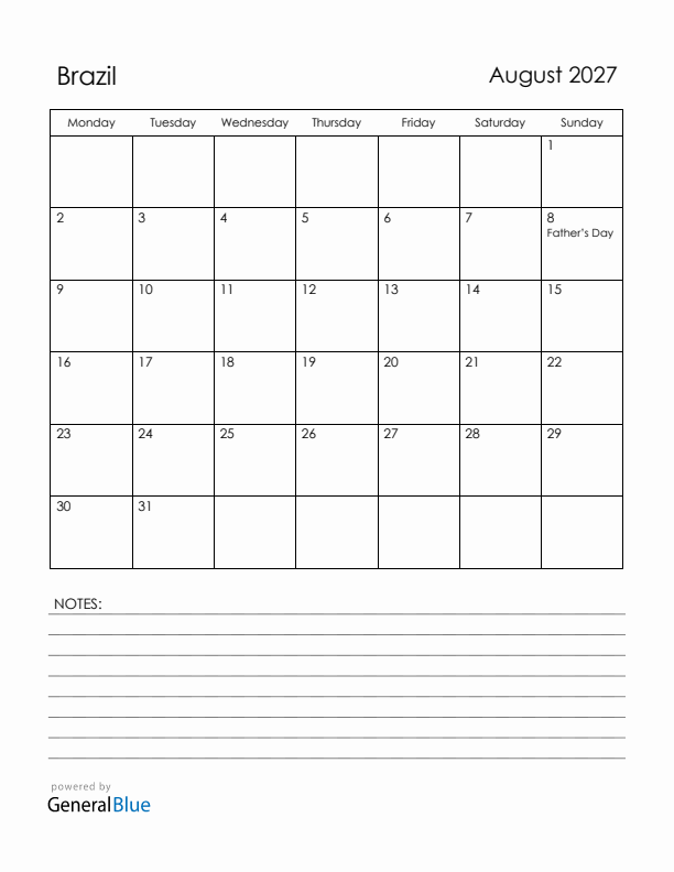 August 2027 Brazil Calendar with Holidays (Monday Start)