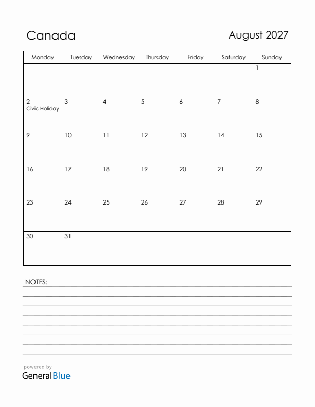 August 2027 Canada Calendar with Holidays (Monday Start)