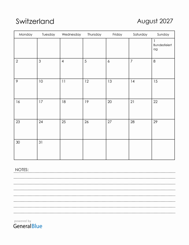 August 2027 Switzerland Calendar with Holidays (Monday Start)