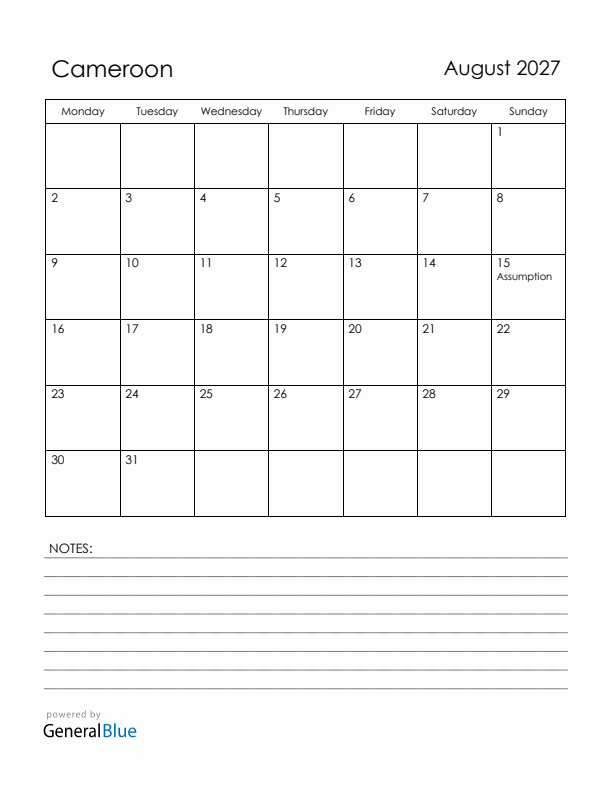 August 2027 Cameroon Calendar with Holidays (Monday Start)