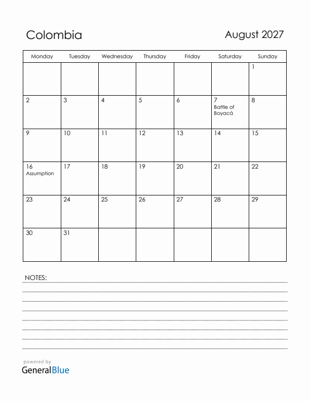 August 2027 Colombia Calendar with Holidays (Monday Start)
